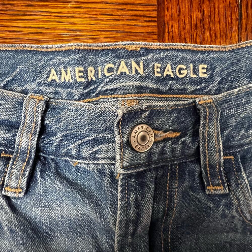 American Eagle AE Blue Denim Jean Straight Regular Destructed Distressed Size 4 - Picture 3 of 10